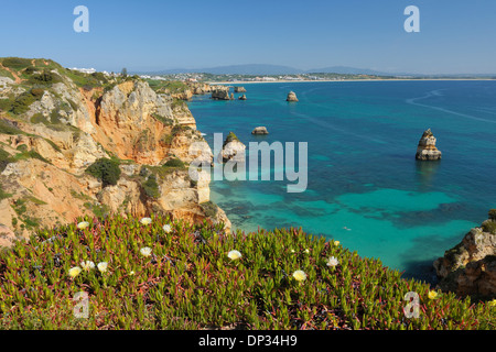 Felsige Küste mit Praia Camilo, Lagos, Algarve, Portugal Stockfoto