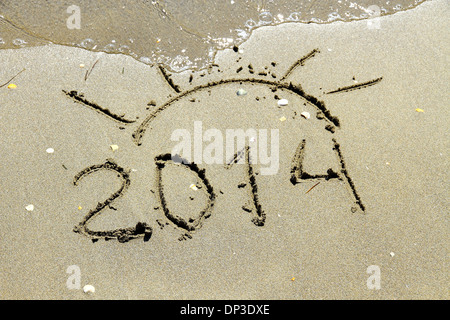 Inschrift 2014 am Meer-Sand-Strand mit Sonnensymbol Stockfoto