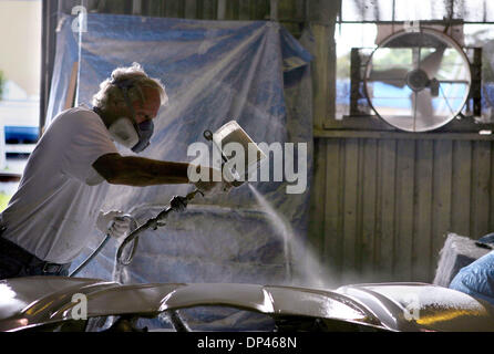 26. Juli 2006; West Palm Beach, FL, USA; Jim Welton sprüht ein Gelcoat vor der Verlegung Fiberglas was eine Haube für eine Elektro-Rennwagen bei Exoten der Welt-Klasse, ein Firmengebäude High-End-Gas- und Elektro-Autos in West Palm Beach am 27. Juli 2006 werden.  Obligatorische Credit: Foto von J. Gwendolynne Berry/Palm Beach Post/ZUMA Press. (©) Copyright 2006 von Palm Beach Post Stockfoto