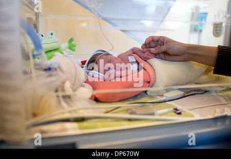 Braunschweig, Deutschland. 7. Januar 2014. Eine Mutter hält die Hand ihres vorzeitigen gelieferten Sohnes liegen in einem Inkubator in einem Raum von der pädiatrischen Intensivstation des Klinikum Braunschweig in Braunschweig, Deutschland, 7. Januar 2014. Die Intensivstation für Kinder inzwischen existiert schon seit 35 Jahren und ist damit der älteste Intensivstation für Frühgeborene und Kinder in Niedersachsen. Foto: Jochen Luebke/Dpa/Alamy Live News Stockfoto