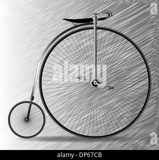 Ein typisches Penny Farthing Fahrrad über ein Scribble-Hintergrund. Stockfoto