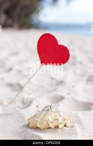 Feier zum Valentinstag am Strand, Ringe auf Schale Stockfoto