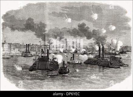 Amerikanischer Bürgerkrieg 1861 - 1865 Zerstörung der Konföderierten Flottille auf dem Mississippi Fluss aus Memphis Tennessee USA. Viktorianische Holzschnitt Kupferstich ca. 1862 Stockfoto