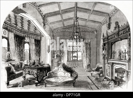 Salon am St Clare Schloß apfelig Isle Of Wight wo Prinzessin Alice & ihr Prinz Louis von Hessen Ehemann verbrachten ihre Flitterwochen. Viktorianischen Holzschnitt, Kupferstich, ca. 1862 Stockfoto