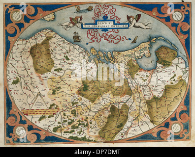 Karte von Deutschland und aktuelle Niederlande. Theatrum Orbis Terrarum von Abraham Ortelius (1527-1598). Erste Ausgabe. Antwerpen, 1574. Stockfoto