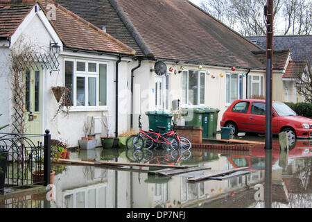 Willow Weg, Sunbury-on-Thames, Surrey, England, UK. 8. Januar 2014. Da das schlechte Wetter Starkregen in ganz England zu bringen weiterhin, hat der Themse am unteren Sunbury überschwemmt. Die Environment Agency hat weiteren Hochwasserwarnungen für die Themse heute Abend von Staines, Hampton Court ausgegeben. Heute hatte das steigende Wasser die Straße und Häuser in Willow Weg überflutet. Bildnachweis: Julia Gavin/Alamy Live-Nachrichten Stockfoto