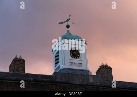 Peacock Wetterfahne auf dem Dach der Remise Gebäude am Chester Beatty Library in Dublin bei Sonnenuntergang Stockfoto