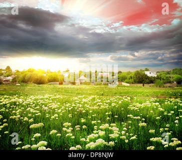 Sonnenuntergang über dem Feld im Dorf Stockfoto