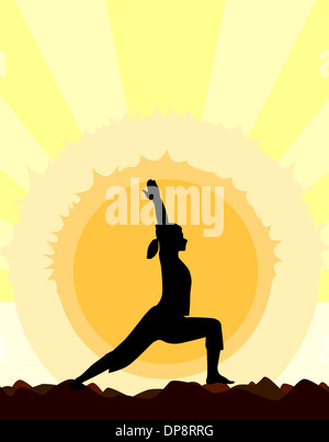 Eine Frau, die Durchführung einer Yoga-Asana gegen die aufgehende Sonne. Stockfoto