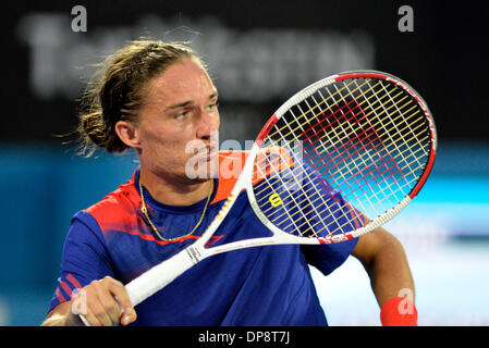 Sydney, Australien. 9. Januar 2014. . Alexandr Dolgopolov aus der Ukraine in Aktion gegen Bernard Tomic aus Australien während ihre Viertelfinale match bei Apia International Sydney Tennisturnier, Australian Open Series im Sydney Olympic Park Tennis Centre, Homebush. Bildnachweis: Action Plus Sport Bilder/Alamy Live News Stockfoto