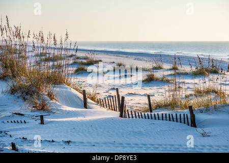 Sanddünen mit Sehafer und hölzernen Zäune sorgen für Erosionsschutz entlang des Golfs von Mexiko Strände in Alabama Gulf Shores Stockfoto