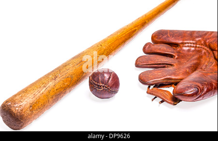 Vintage Baseball-Schläger, Baseball und Handschuh Stockfoto
