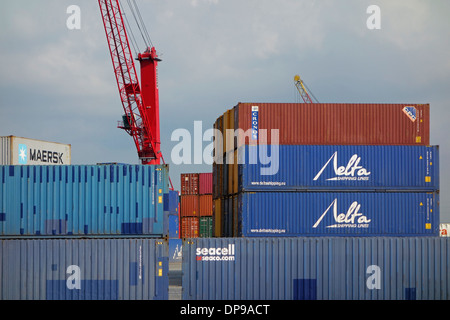 Gestapelte Container warten für den Transport auf dem Kai im Hafen von Gent, Ost-Flandern, Belgien Stockfoto