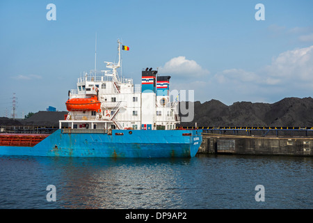 Massengutfrachter angedockt vor der Haufen Kohle an SEA-invest / Gent Coal Terminal / GCT, Hafen von Gent, Ost-Flandern, Belgien Stockfoto