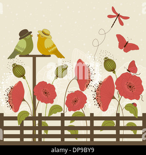 Niedlichen Vögel im Garten mit Blumen und Schmetterlingen Stockfoto