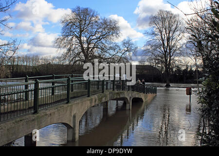 Sunbury-on-Thames, Surrey, England, UK. 9. Januar 2014. Der Themse hat am unteren Sunbury überschwemmt. Hier verschwindet die Fußgängerbrücke von Thames Street auf Rivermead Insel in den Fluten. Bildnachweis: Julia Gavin/Alamy Live-Nachrichten Stockfoto