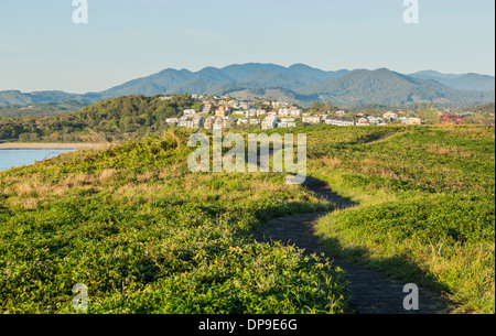 Küste und Coffs Harbour in New South Wales Australien vom Muttonbird Island Nature Reserve mit Blick auf die Hügel Stockfoto