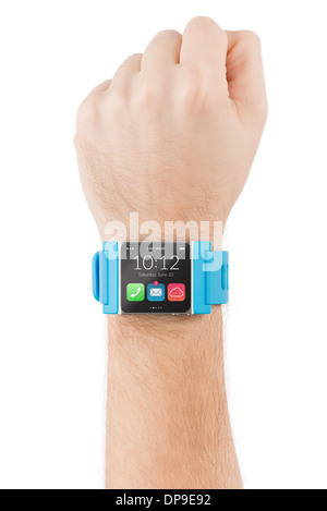 Männliche Hand mit Smartwatch steigt in den Himmel, die isoliert auf weißem Hintergrund. Stockfoto