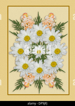 Spektakuläre Blumenkunst - geometrisches Design mit Frühlingsblumen, weiße Margeriten, orange Ornithogalums und grüne Blätter auf Creme / blass gelben Hintergrund Stockfoto