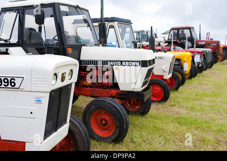 Eine Reihe von modernen und klassischen Traktoren auf dem Display an einer ländlichen Gemeinde Hoffest in Nordirland Stockfoto