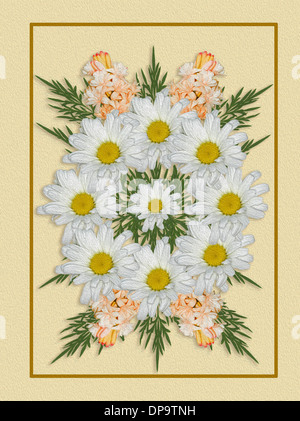 Spektakuläre Blumenkunst - geometrisches Design mit Frühlingsblumen, weiße Margeriten, orange Ornithogalums und grüne Blätter auf Creme / blass gelben Hintergrund Stockfoto