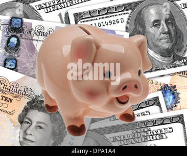 China/Keramik Kind Einsparungen oder Sparschwein auf Hintergrund von Pfund und Dollar Währung. Stockfoto