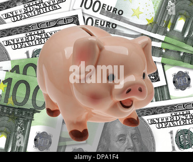 China/Keramik Kind Einsparungen oder Sparschwein auf Hintergrund von Euro und Dollar-Währung. Stockfoto