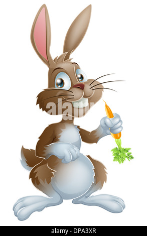 Cartoon-Hase oder Osterhase hält eine Karotte Stockfoto