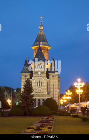 Kathedrale in Piata Victoriei bei Dämmerung, Timisoara, Banat, Rumänien Stockfoto