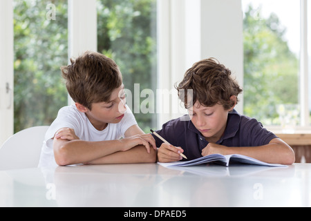 Brüder, die gemeinsam an Hausaufgaben Stockfoto