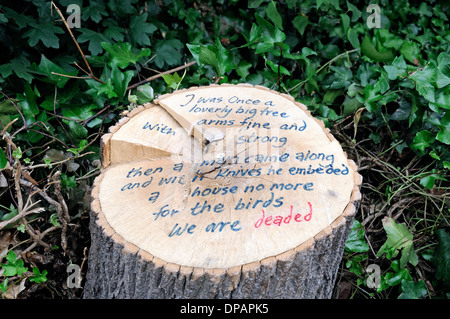 Baumstumpf mit Protest auf Bedauern über den Verlust von Lebensraum, Russell Square, Bloomsbury, London England UK schreiben Stockfoto