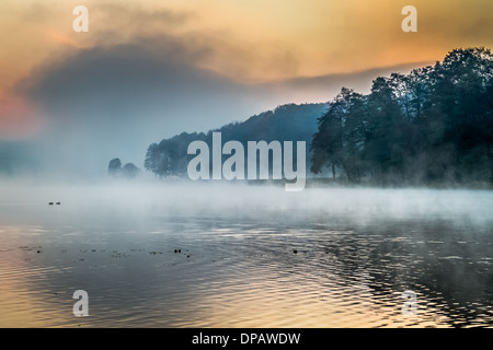 See mit dem Nebel bei Sonnenaufgang Stockfoto
