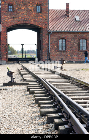 Gleise mit Death Gate-Eingang für die Opfer, die kamen mit dem Zug in das KZ Auschwitz II, Polen Stockfoto