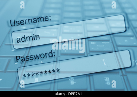 Internet-Security-Konzept - Login-Box mit ausgefüllten Benutzernamen und Passwort im Internet-Browser. Computer-Tastatur im Hintergrund. Stockfoto