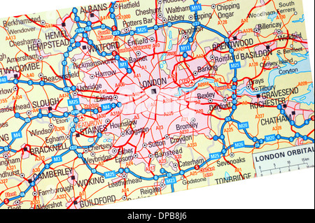 Eine herkömmliche Papierlandkarte Karten () von England zeigen die M25 orbital Route & London Gebiete Stockfoto