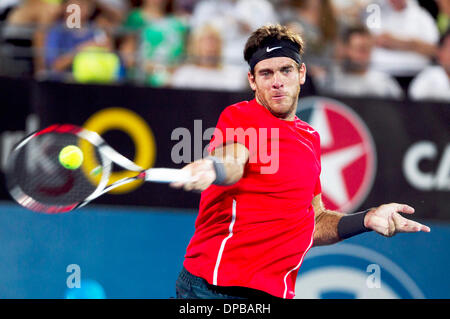 Sydney, Australien. 11. Januar 2014. Juan Martin Del Potro Argentinien gibt den Ball während der Herren Einzel Finale gegen Bernard Tomic aus Australien am Sydney International Tennisturnier, in Sydney, Australien, 11. Januar 2014 zurück. Juan Martin Del Potro behauptete die Pünktchen mit 2: 0. Bildnachweis: Jin Linpeng/Xinhua/Alamy Live-Nachrichten Stockfoto