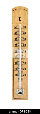 Hölzerne Thermometer isoliert auf weiss Stockfoto