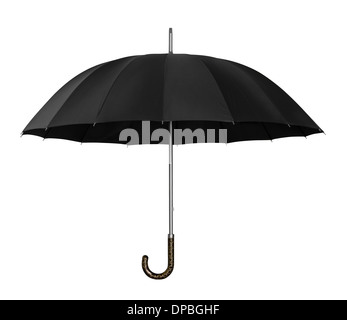 Offenen schwarzen Regenschirm isoliert auf weiss Stockfoto