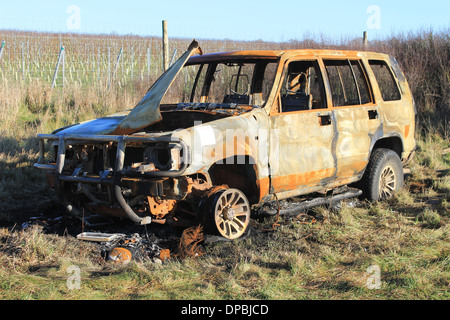 Front- und Seitenscheiben Höhe Detail ein abgebranntes Range Rover auf dem Lande aufgegeben Stockfoto