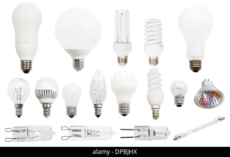 Satz von Glühlampen, Kompakt-Leuchtstofflampen, Halogen, LED-Lampen, die isoliert auf weißem Hintergrund Stockfoto