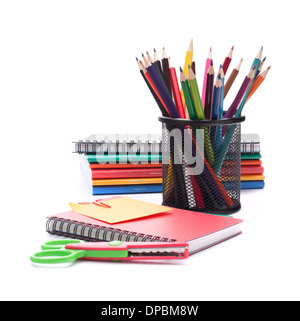 Notebook-Stack und Bleistifte. Schulkind und Student studiert Zubehör. Stockfoto