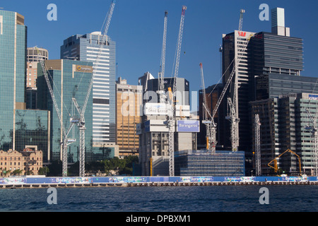 Barangaroo Bauentwicklung mit Kränen, Hochhäuser von Darling Harbour Sydney New South Wales NSW Australia Stockfoto