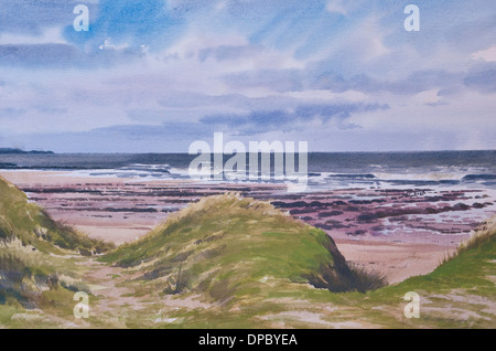 Sanddünen auf der Suche heraus zum Meer Aquarell-Malerei Stockfoto