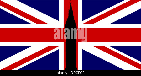 Der Londoner Wahrzeichen Big Ben Clock Tower Silhouette über einen Anschluß-Markierungsfahne, mehr als oft der Union Jack bezeichnet. Stockfoto