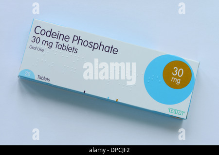 Codein Phosphat-Tabletten auf einem blassen blauen Hintergrund Stockfoto