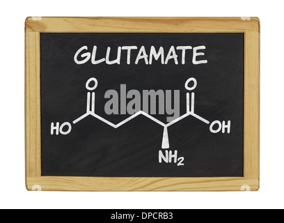 chemische Formel von Glutamat auf einer Tafel Stockfoto