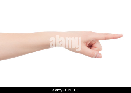 Schöne weibliche Hand verweist auf etwas isoliert auf weißem Hintergrund Stockfoto