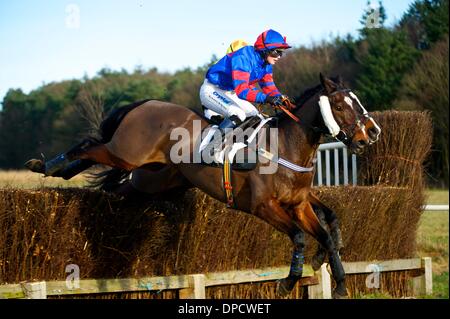 Ampton, Suffolk. Punkt-zu-Punkt-Pferderennen aus Ampton Pferderennbahn in Suffolk. Der Sport von Punkt zu Punkt racing ist Steeple Chase-Rennen für Amateurfahrer, auf Pferden, die sich qualifiziert haben, ausführen, indem auf der Jagd gewesen. 12. Januar 2014 Kredit: East Anglian Bild Service/Alamy Live-Nachrichten Stockfoto