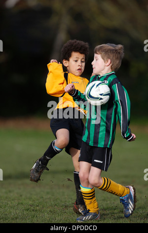 Hartley Wintney Falken junior Football Team (gelb) spielen Curley Park Rangers in einem Jugendfußball in Hampshire 14.12.13 übereinstimmen Stockfoto