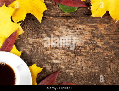 Herbst Hintergrund mit einer Tasse Kaffee und Blätter auf dem alten Baum Stockfoto